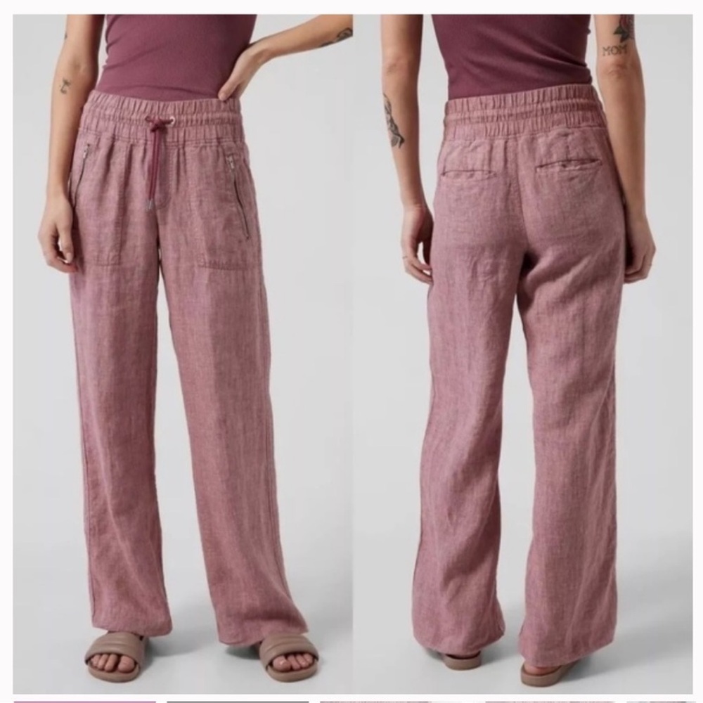 Athleta Cabo Linen Wide Leg Tawny Pants Womens 4 Tie Waist Dusty Vintage Rose